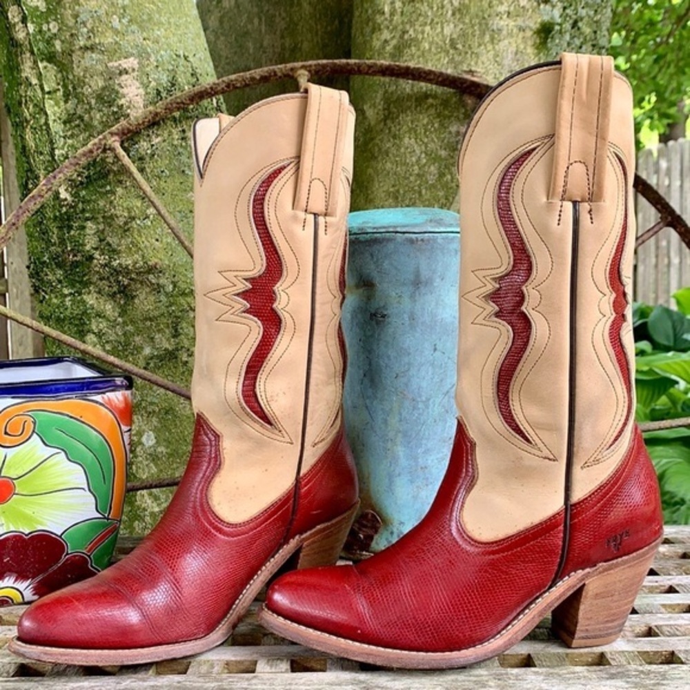 FRYE Vintage Red Lizard Leather Heeled Western Cowboy Boots—Made in USA, Size 7 - Picture 4 of 12